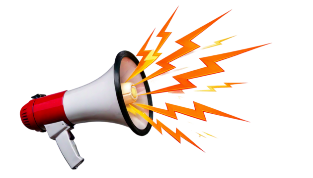  Red and white megaphone emitting red and yellow lightning bolt sound waves, isolated on a wh  - Powered by Adobe