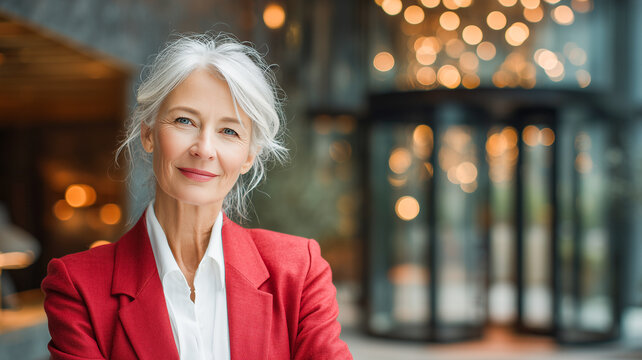 Senior businesswoman in red tailored suit in hotel entrance. Portrait of older woman in office. Blurred bokeh background. Concept image of business and travel.	