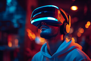 Young person immersed in colorful futuristic experience wearing VR headset, generative AI entertainment