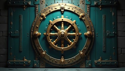 Fototapeta premium Closed teal bank vault door with golden steering wheel mechanism. Strong metal door secured with locks and rivets. Heavy safe interior, safety and finance concept.