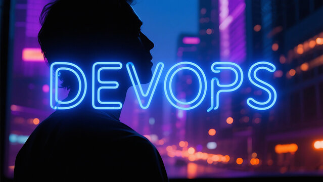 Modern DevOps engineer looking at cityscape with vibrant neon sign, imagining innovative tech solutions for a dynamic future in business and development - Powered by Adobe