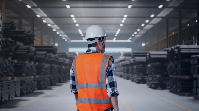 Back of Asian Male Engineer Walking at Warehouse Storage of Rolled Steel Metal Bars, Rods or Billets