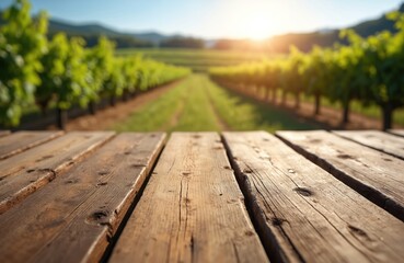 Fototapeta premium Empty rustic wooden table in front of sunlit vineyard rows. Perfect for food wine product display and promotions. Rural farm landscape background invites for tasting.