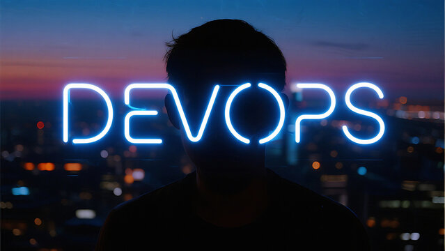 Dynamic DevOps concept with vibrant neon glow, perfect for modern tech companies, showcasing innovation and cutting-edge software development solutions at night