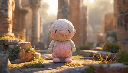 Adorable cartoon character standing in ancient ruins at sunrise