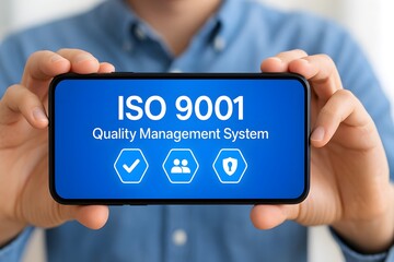 ISO 9001 quality management system certification on smartphone screen