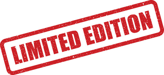 Distressed red rubber stamp displaying the phrase LIMITED EDITION with a grungy texture, angled for emphasizing exclusive product releases