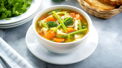 Bowl of vegetable soup with bread on the side