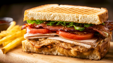 Delicious grilled sandwich with french fries on wooden board