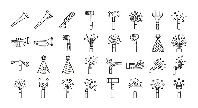 A collection of black and white line art icons depicting party favors, including horns, party hats, noisemakers, and confetti poppers arranged in rows.