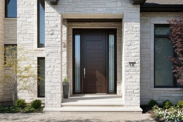 Contemporary home entrance features dark wood door flanked by vertical sidelights and white stone facade