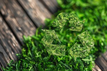 Eco recycling logo on grassy field background, supporting green living and clean planet initiatives.