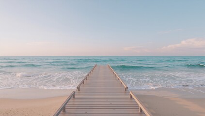Serene Wooden Pier Extending into Tranquil Ocean Waves at Sunset