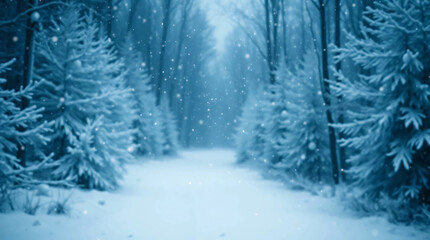 A moody, low-contrast 169 banner featuring a snowy forest with sparkling frost and glowing stars, bathed in blue and silver tones, with soft snow falling