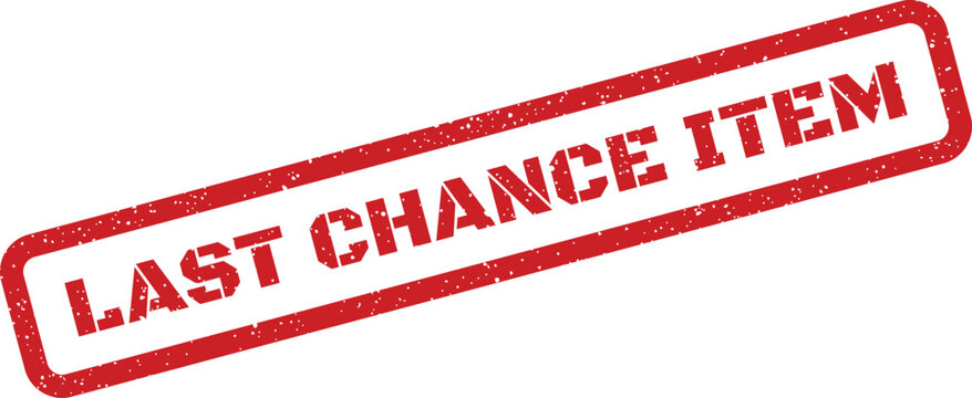 Distressed red rubber stamp overlay positioned diagonally, displaying LAST CHANCE ITEM to indicate scarcity or limited availability of a product