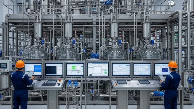 Engineers monitor sucralose extraction process in advanced fermentation plant with digital screens and complex systems