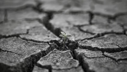 Resilient Plant Growing Through Cracked Dry Soil in Black and White