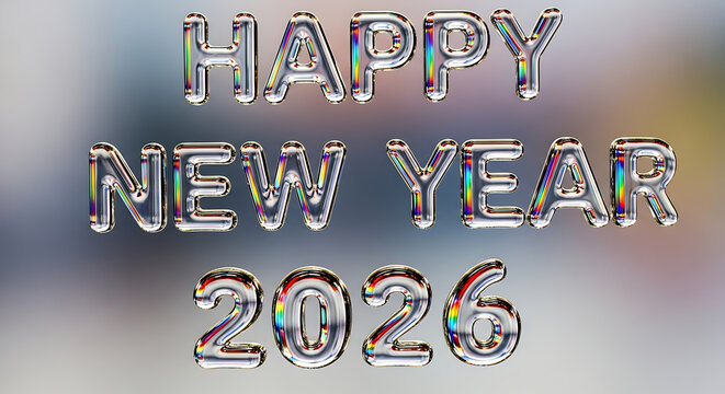 Happy new year 2026 greeting with reflective chromatic letters