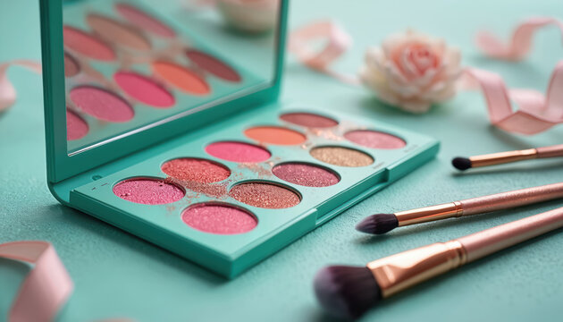 Open eyeshadow palette shows vibrant shimmer pink, orange, gold, brown shades for eyes. Cosmetic makeup brushes placed next to professional kit. Pink ribbon, decorative flower adorn beauty