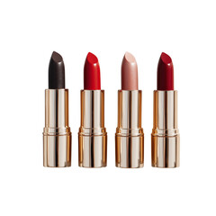 Fototapeta premium Assorted vibrant and classic shades of lipstick in elegant gold cases for makeup