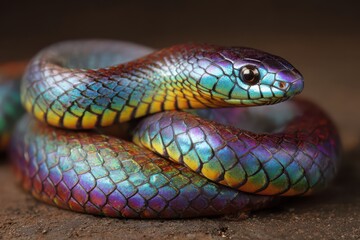 Naklejka premium Iridescent Sunbeam Snake: A Close-Up of Xenopeltis Unicolor in Its Natural Habitat