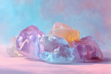 Fototapeta premium Colorful ice rocks shine on a pastel background. Good for making magic in your design projects.