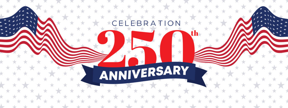 Wave style USA 250th anniversary banner with flowing stripes and modern patriotic composition