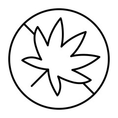 No sign with leaf of hemp plant thin line icon, prohibition concept, smoking marijuana is forbidden sign on white background, outline style for mobile web design. Vector graphics.