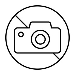 No symbol with camera thin line icon, prohibited action concept, photography is forbidden sign on white background, outline style for mobile web design. Vector graphics.