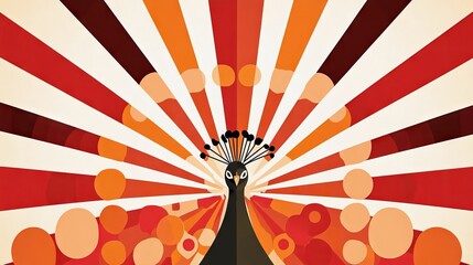 A graphic illustration of a peacock with its tail feathers fanned out, set against a vibrant radial sunburst pattern in shades of red, orange, and cream. The ov