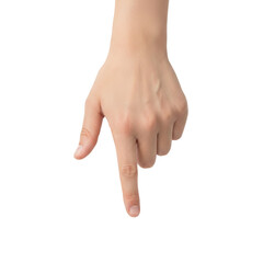 Female hand pointing downward with the index finger