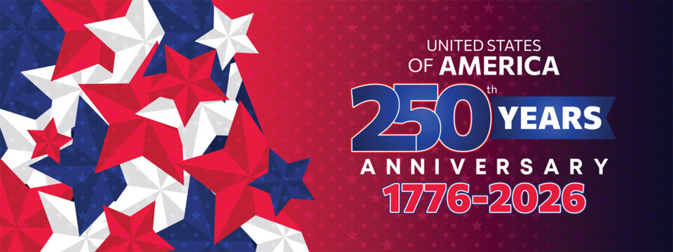 Red white blue star-pattern 250th USA anniversary banner with festive geometric celebration style