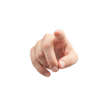 Female hand pointing directly forward at viewer with index finger