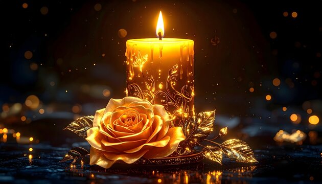 Radiant gold candle with shimmering petals and glow high resolution picture