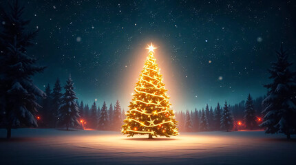 A magical Christmas night background with a glowing Christmas tree under a starry sky, gentle snow falling, and warm lights reflecting on the snow, rendered in rich burgundy and deep blue colors
