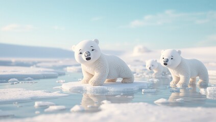 Polar Bears on Ice Floating in Calm Water Under Clear Blue Sky