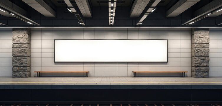 Empty subway station platform with wide blank billboard above wooden benches. Modern interior design features stone pillars and tiled walls. Clean urban transit space with copy space for ads.
