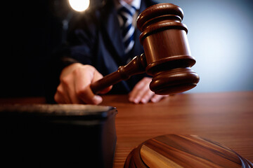 Courtroom drama unfolds as judge brings down the gavel, signaling justice and legal proceedings in a pivotal trial or hearing