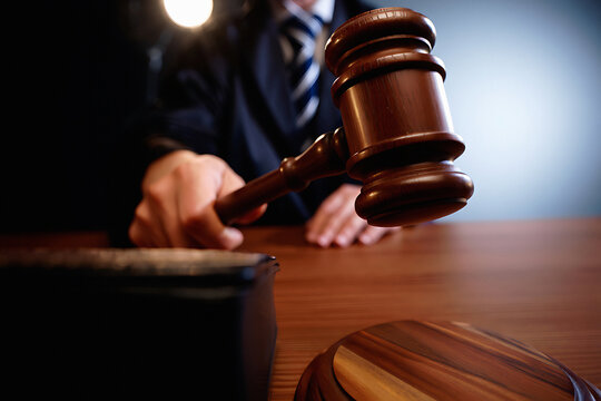 Courtroom drama unfolds as judge brings down the gavel, signaling justice and legal proceedings in a pivotal trial or hearing - Powered by Adobe