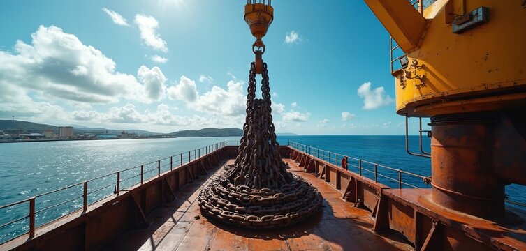 Crane lifts a massive chain on vessel deck at sea. Industrial construction equipment for loading unloading operations. Heavy metal chain hangs from a yellow crane under sunny blue sky.