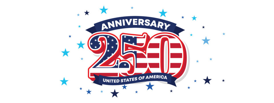 Decorative badge style USA 250 anniversary banner with stars, stripes and classic emblem look