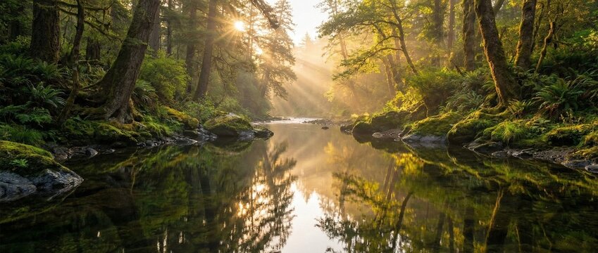 Still crystal lake reflecting mountains and sky, crystal-clear water, pine forest shoreline, hyper-detailed nature, peaceful mood, 8K resolution.
