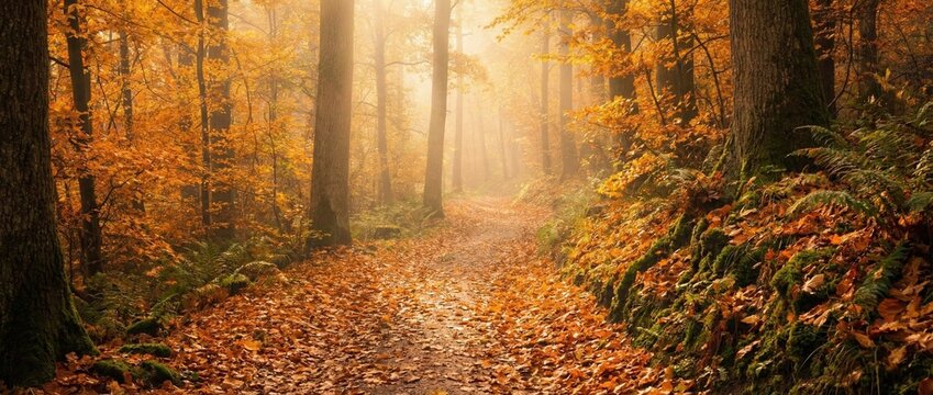 Golden autumn forest with a narrow walking path, orange leaves everywhere, soft sunlight rays, dreamy atmosphere, 8K wallpaper.