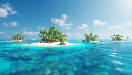 Tropical Islands with Clear Waters and Lush Palm Trees Under Blue Sky