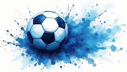Soccer ball explodes with blue watercolor splashes creating abstract motion. Dynamic sports artwork shows impact and energy. Great for sports themes, event announcements, or design projects.