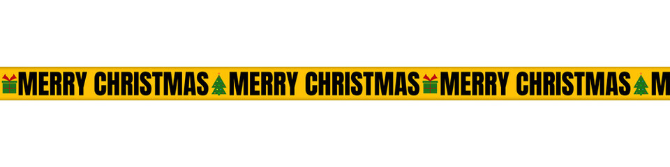 Yellow Caution Tape with Bold Black “Merry Christmas” Text – Festive Holiday Banner with Christmas Tree and Gift Icons on Transparent Background