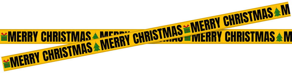 Yellow Caution Tape with Bold Black “Merry Christmas” Text – Festive Holiday Banner with Christmas Tree and Gift Icons on Transparent Background