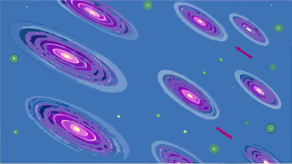 Illustration of multiple galaxies with purple hues scattered across a blue cosmic background scene view