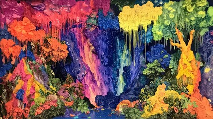 An abstract and surreal cave-like environment with vibrant, dripping paint formations resembling stalactites and foliage, illuminated by a colorful, otherworldl