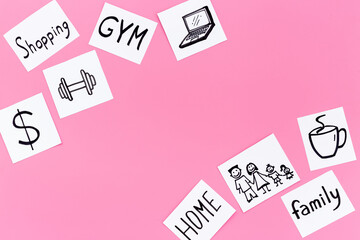 Many paper cards with hand drawing of different life activities. Life balance concept